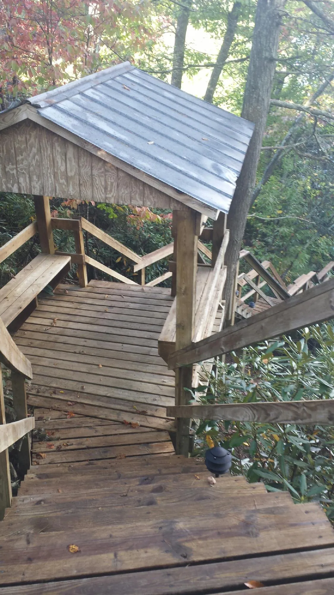 Metal roofed shelter over wooden steps on a wooded walkway — Skylight Repair & Installation work by our crew in Peoria Heights